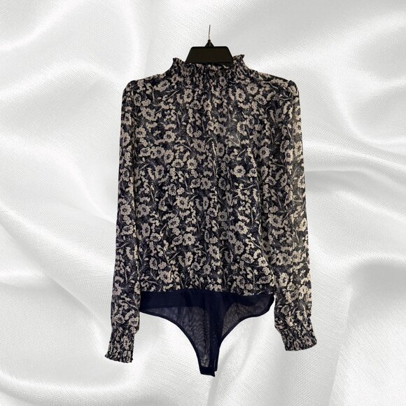 Socialite Navy Floral Mock Neck Long Sleeve Bodysuit Size L NWT - Picture 1 of 9